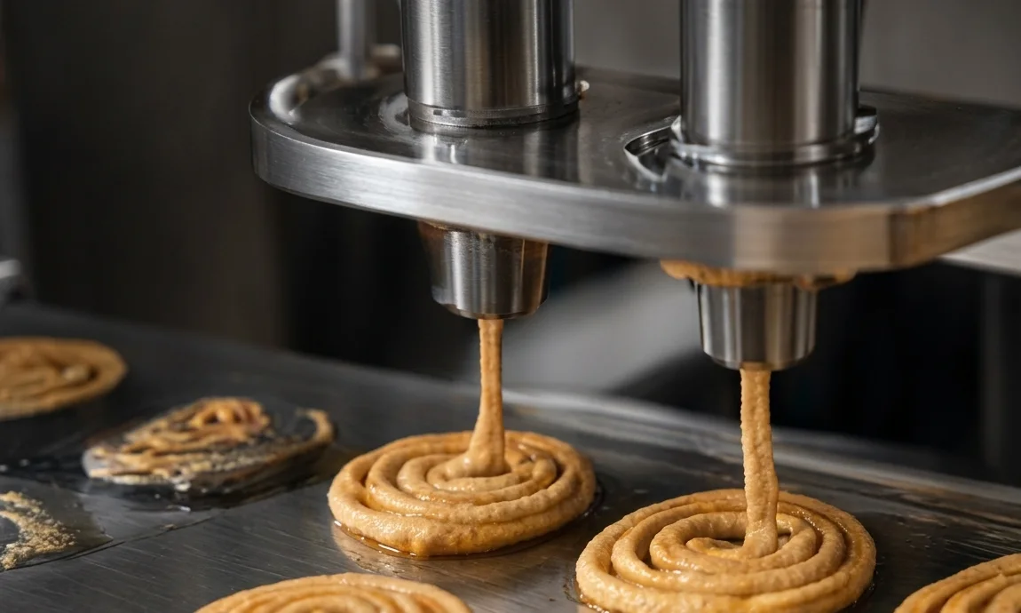 Machine nozzles pressing uniform murukku spirals onto a steel tray