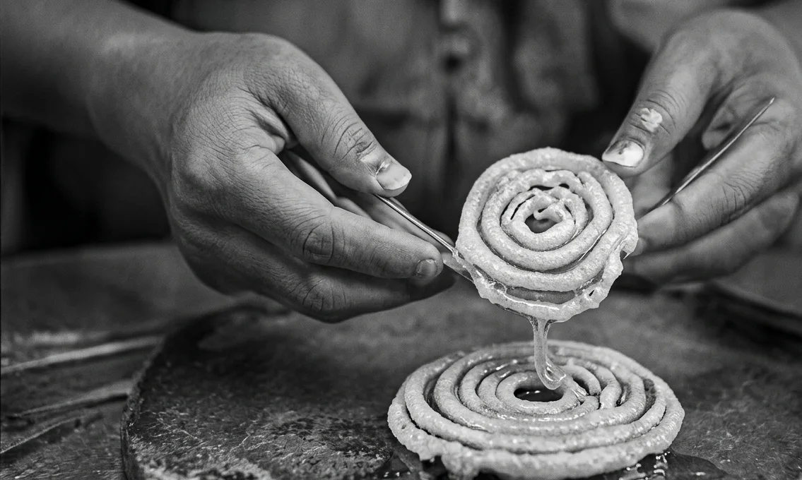 Murukku being shaped by hand, the traditional way